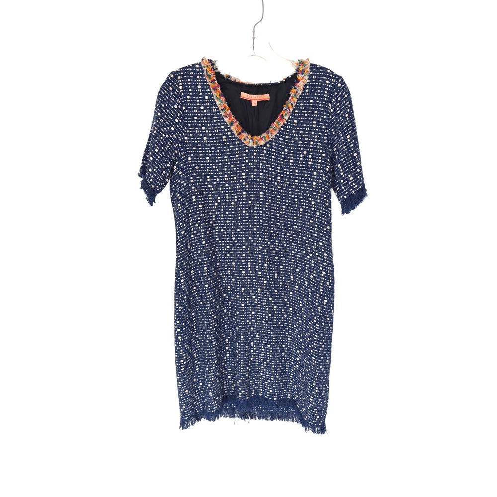 Vilagallo Dress Blue Tweed Twee Vacation Resort Fringe Short Sleeve‎ Women's XS